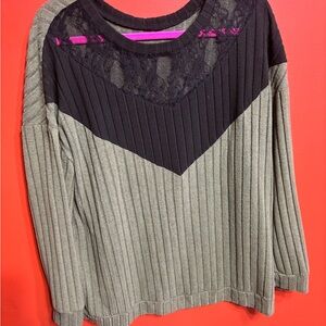 Black and Gray Ribbed Sweater with Lace Detail